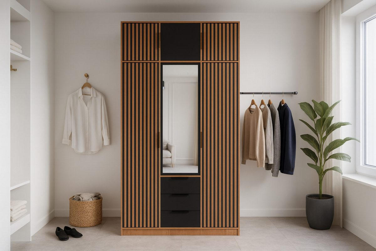 DREHTÜRENSCHRANK LABOO LUX 196/200/58 cm in Eiche Wotan / Schwarz mit Lamellen und Aufsatz - Eiche Wotan/Schwarz, Holzwerkstoff (196/245/58cm) - Deine Möbel 24