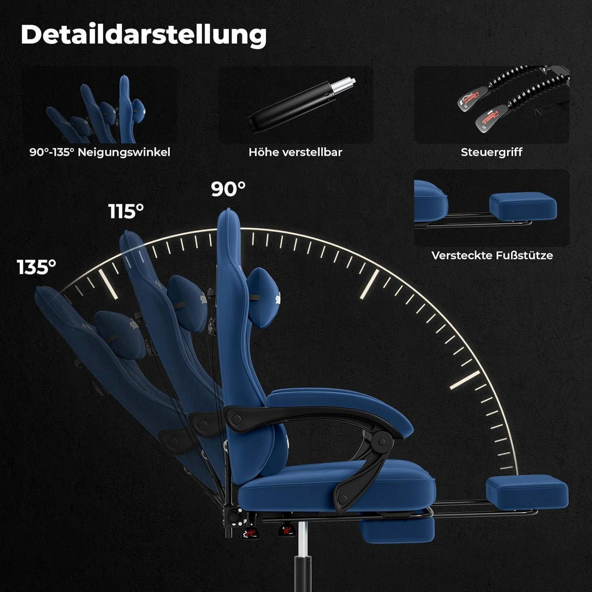 GAMING Stuhl mit Fußstütze Blau Stoff - Blau, Textil (62/130/49cm)