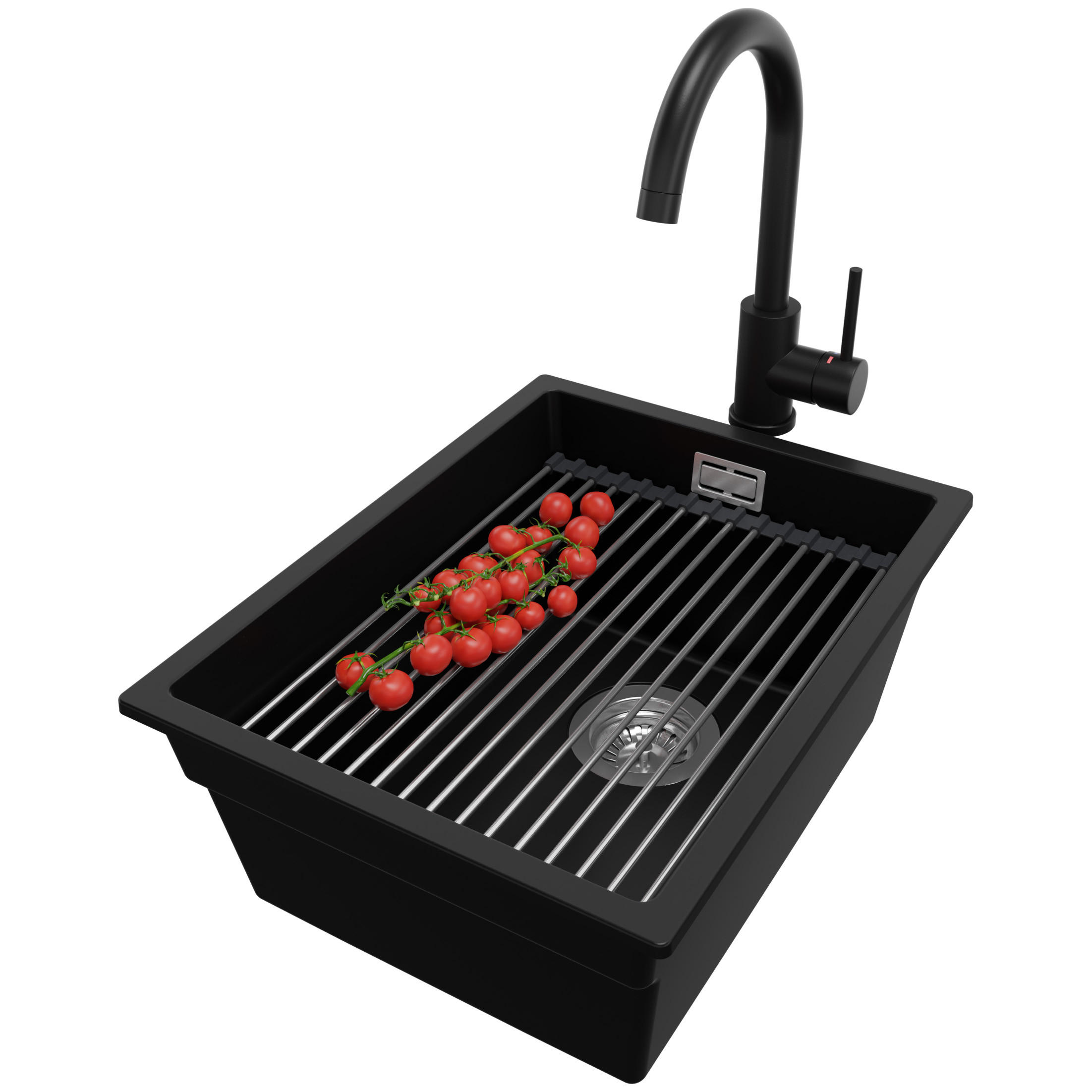 UNTERBAUSPÜLE GRANIT Praga, 2-er set Schwarz 36/47 cm 1 Becken + Küchenarmatur 32/20 cm + Ablauf-Set + Aufrollbare Abtropffläche ab 40er Unterschrank - Chromfarben/Schwarz, Kunststoff (36/20/47cm) - Primagran