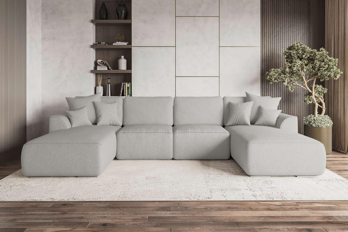 WOHNLANDSCHAFT GUSTO Strukturstoff Hellgrau inkl. Schlaffunktion - Chromfarben/Hellgrau, Kunststoff/Textil (306/96/194cm) - 99rooms