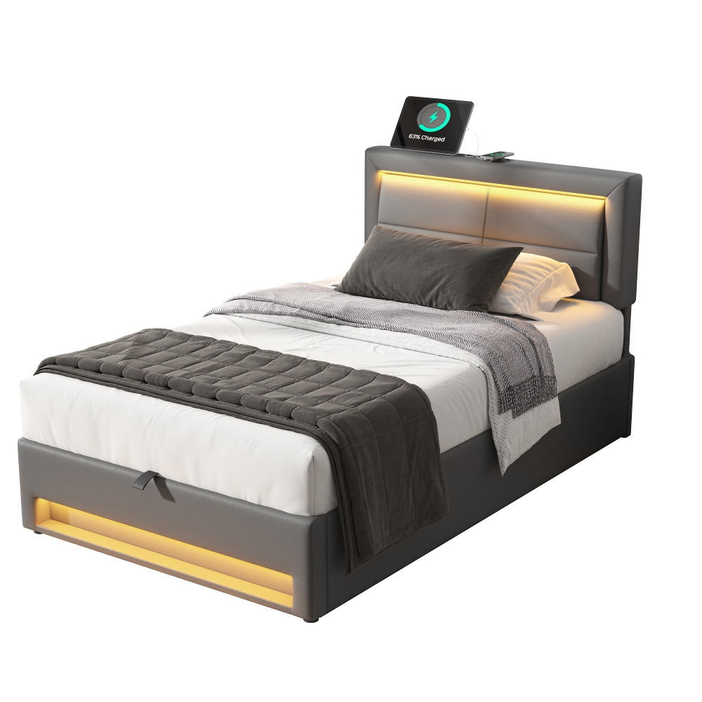 POLSTERBETT MIT LED-BELEUCHTUNG und STAURAUM, MIT USB-ANSCHLUSS, PU-Leder Grau, Jugendzimmer, 90/200 cm - Grau, Textil (90/200cm) - Rolipo
