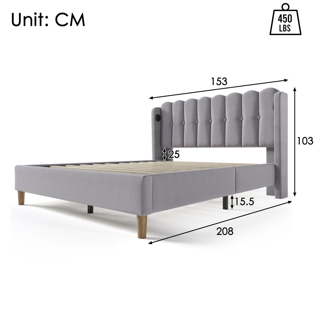 POLSTERBETT 140/200 cm grau mit USB- und Typ-C-Anschlüssen Mit Matratze - Grau, Textil (140/200cm) - OKWISH