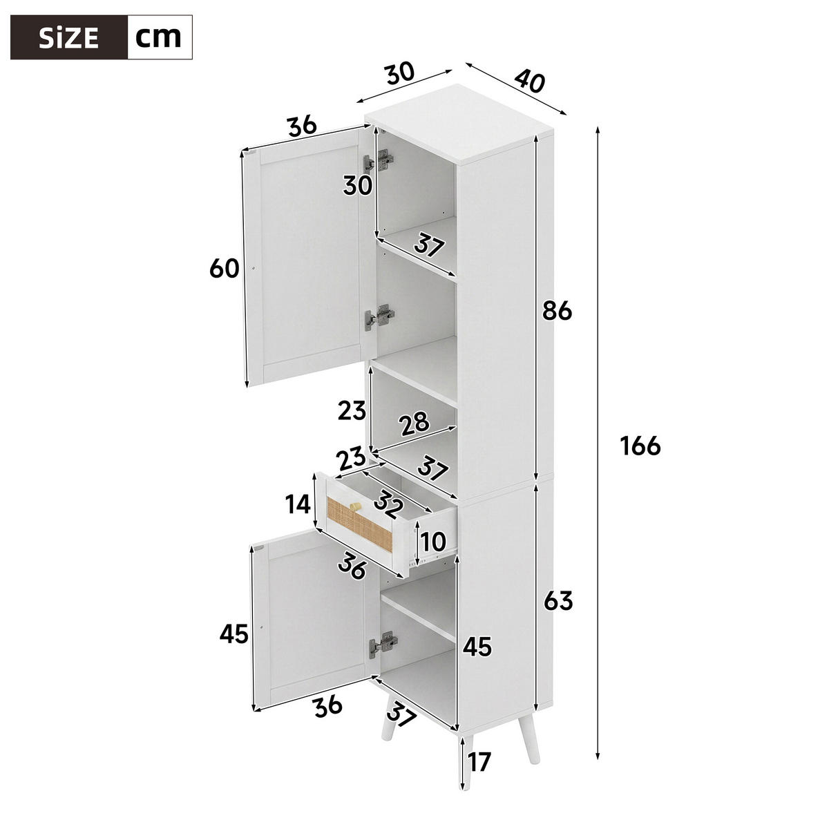 HOCHSCHRANK Weiß mit wendbaren Rattan‑Schranktüren und goldenen Griffen, 40 × 30 × 166 cm - Weiß, Holzwerkstoff (40/166/30cm) - Luhomfu