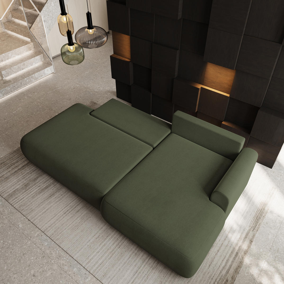 ECKSOFA NUVIRA CL R-S Olivgrün Samtstoff mit Schlaffunktion - Olivgrün, Holzwerkstoff/Textil (279/158cm) - MASSENO