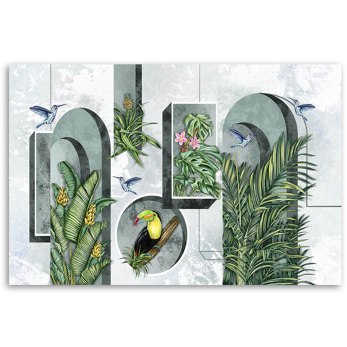 WANDBILD formen in der wand mit pflanzen und vögeln toucan koliber - Silberfarben, Textil (60/40cm) - Feeby