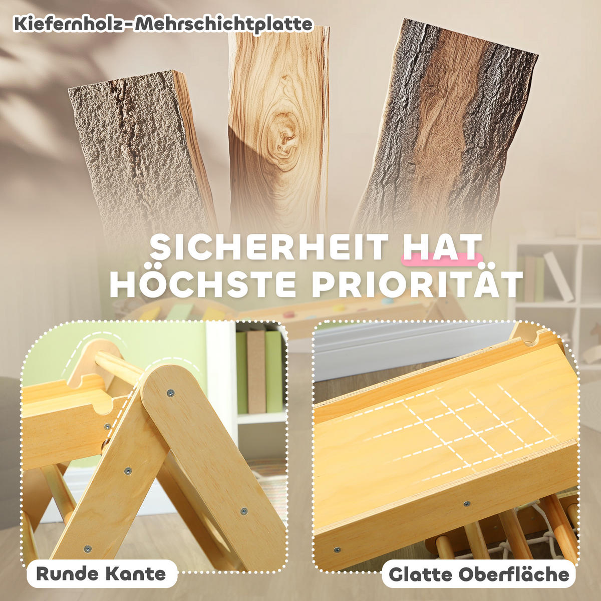 KLETTERGERÜST Indoor, 7 in 1 Kletterdreieck mit Rutsche Kletterbogen Rampe Holz - Multicolor, Holz (62.5/57/168cm) - AIYAPLAY