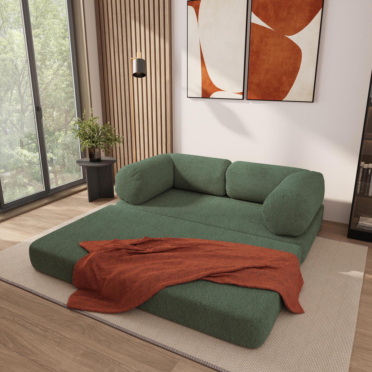 POHOVKA z pěny EIREN s funkcí spaní Buklé látka Zelená - zelená barva, textil (170/68/80cm) - MASSENO