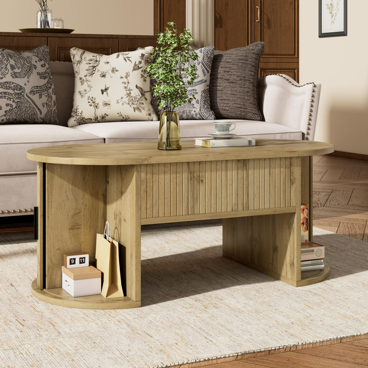 COUCHTISCH 100/50/40,5 cm mit höhenverstellbarer Tischplatte, Schiebetüren und offenen Fächern, Eichefarben - Eichefarben, Holzwerkstoff (100/50/40.5cm) - Redom