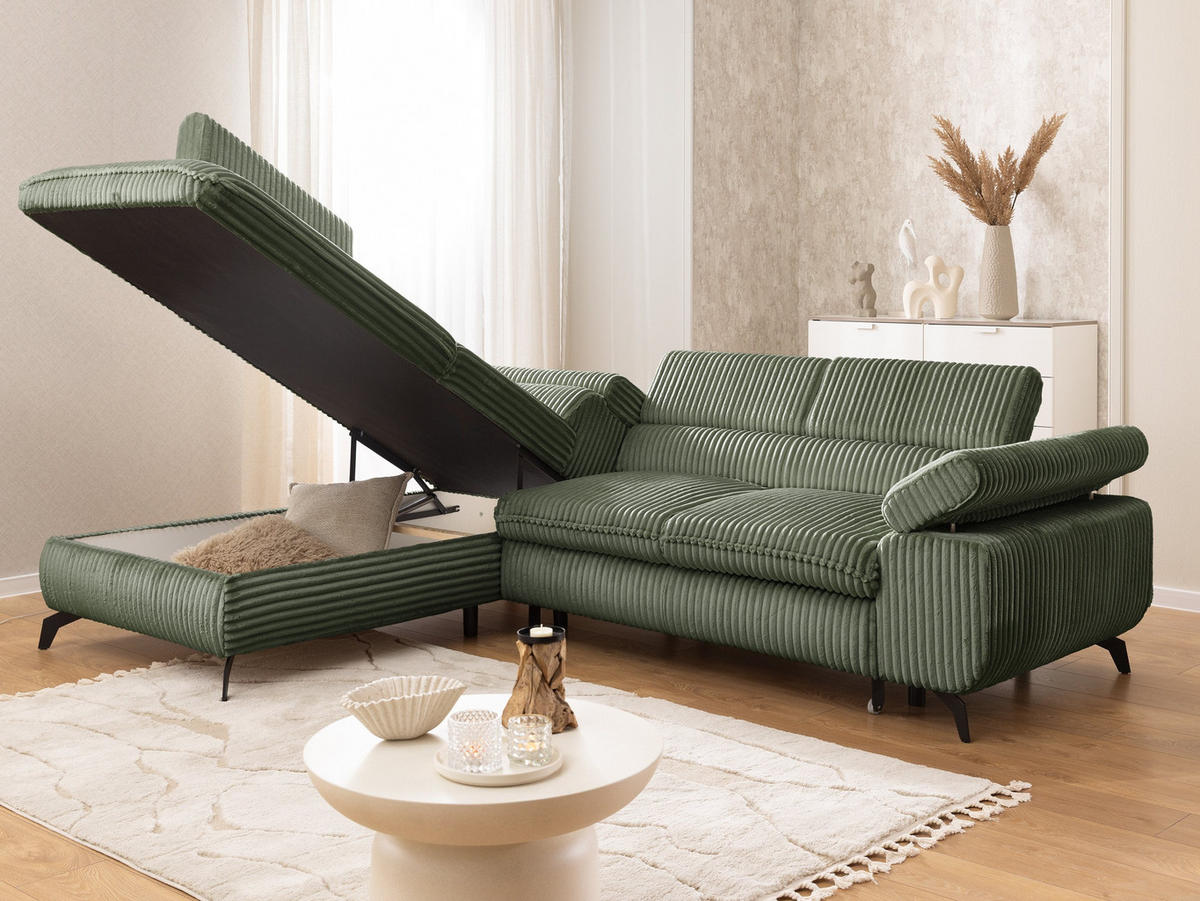 ECKSOFA mit Schlaffunktion und Bettkasten Bonnie aus Olive Cord-Stoff mit verstellbaren Kopfstützen und Armlehne - Ottomane links - Schwarz/Hellgrün, Holz/Textil (275/210cm) - S-Style Möbel