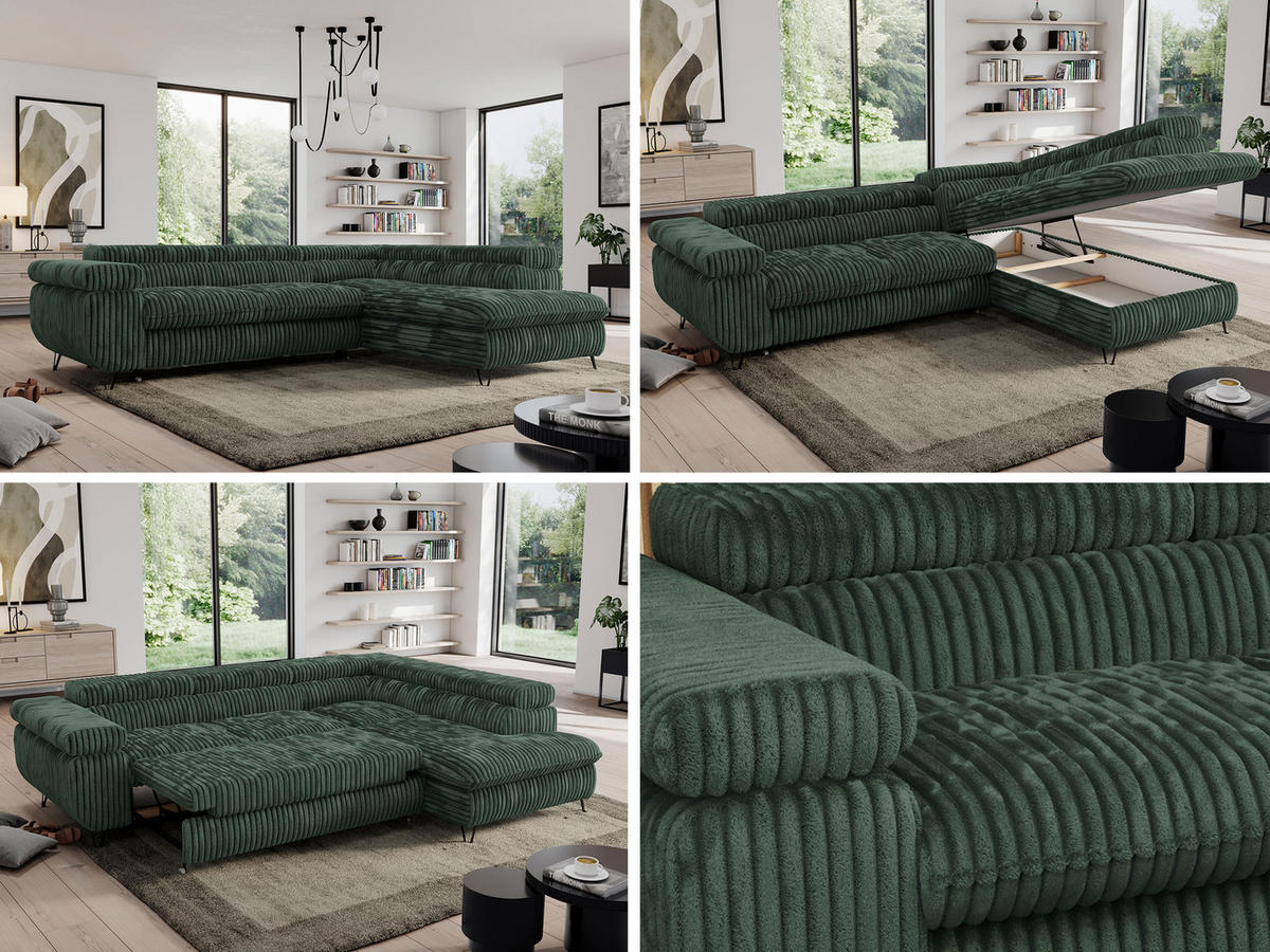 ECKSOFA PEDRO L Grün Cord - Rechts Seite - Schwarz/Grün, Textil/Metall (273/208cm) - MKS