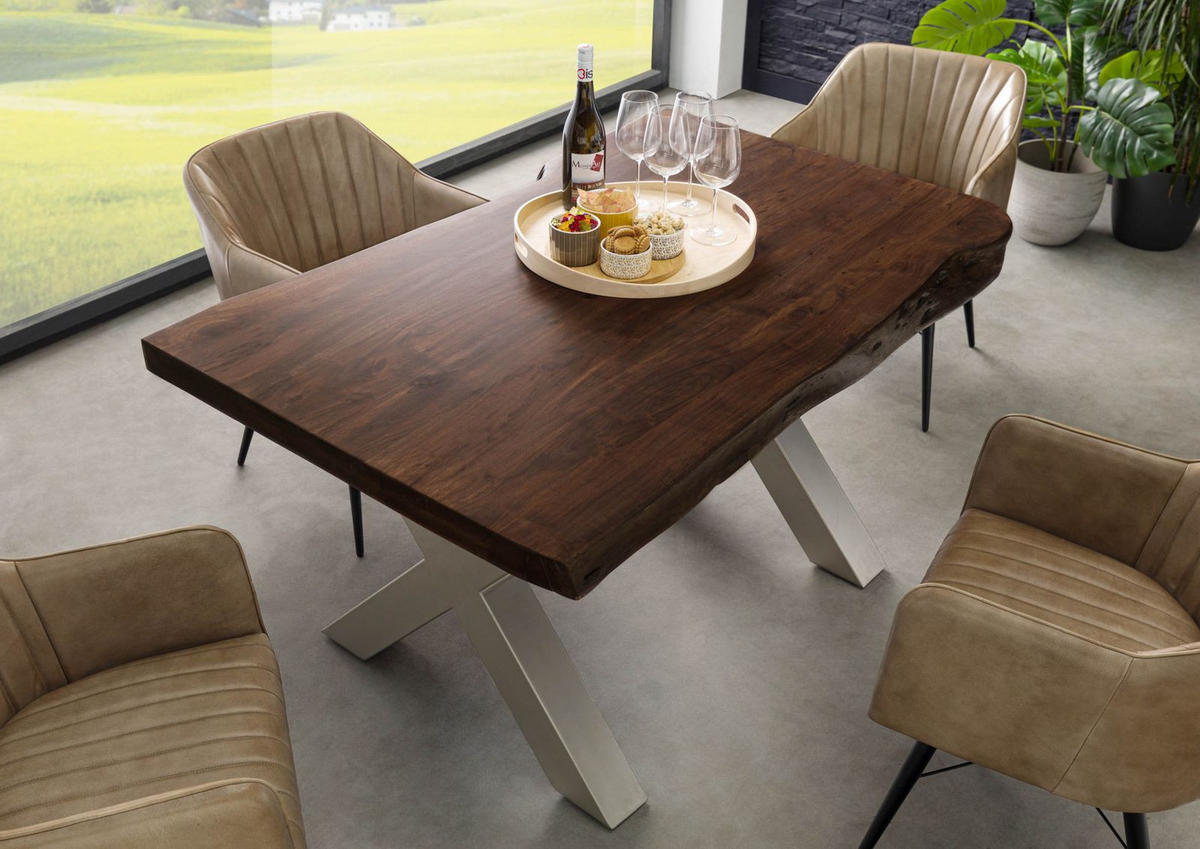 BAUMTISCH Akazie 140x90x77 braun lackiert / X-Beine silber matt FREEFORM 5 - Silberfarben/Braun, Holz (140/90/77cm) - Massivmoebel24