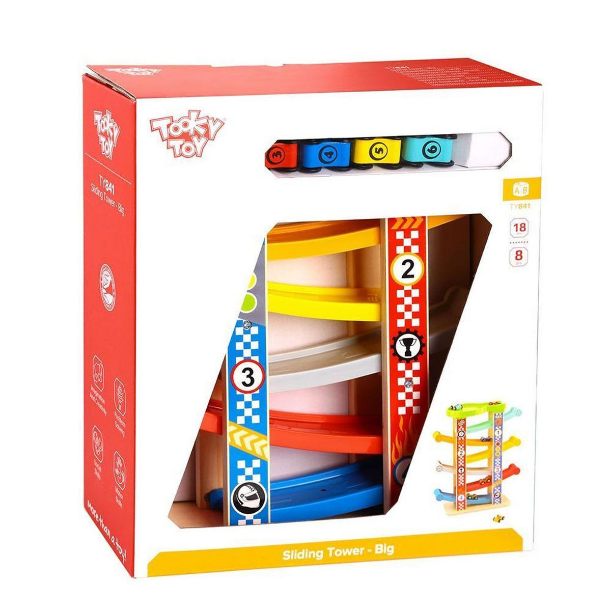 SPIELZEUGAUTO Rennbahn TY841 bunt Holz, Rutschturm, 7 Ebenen, 6 Rennautos, Motorik, ab 18 Monate - Multicolor, Holz (32/37/11cm) - Tooky Toy