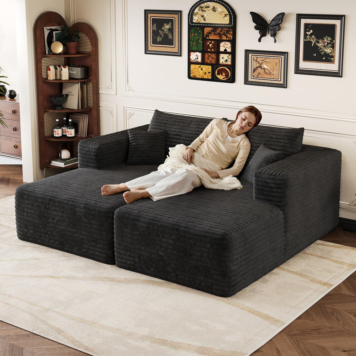 SCHLAFSOFA DE-34891 mit Chaiselongue Schwarz - Schwarz, Textil (151/180cm) - ComfortXL