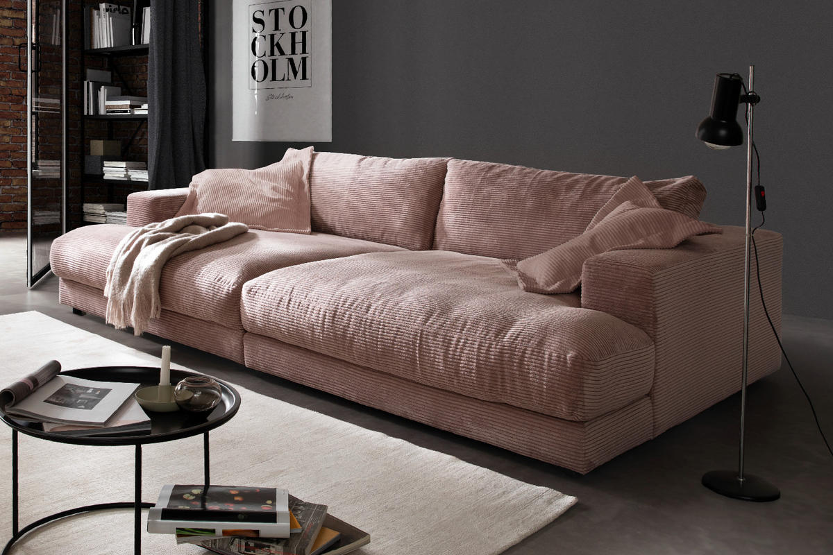 BIG SOFA XL MADELINE Pink Cord - Pink/Schwarz, Kunststoff/Textil (290/85/190cm) - KAWOLA