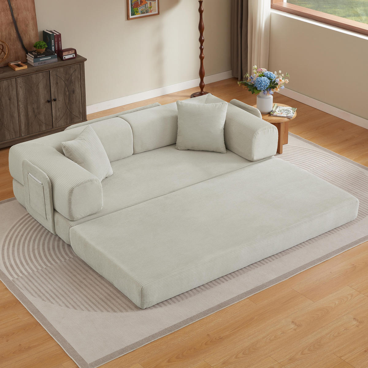 SCHLAFSOFA DE-34938 Tatami-Bodensofa mit 2 Kissen Beige - Beige, Textil (204/65/97cm) - ComfortXL