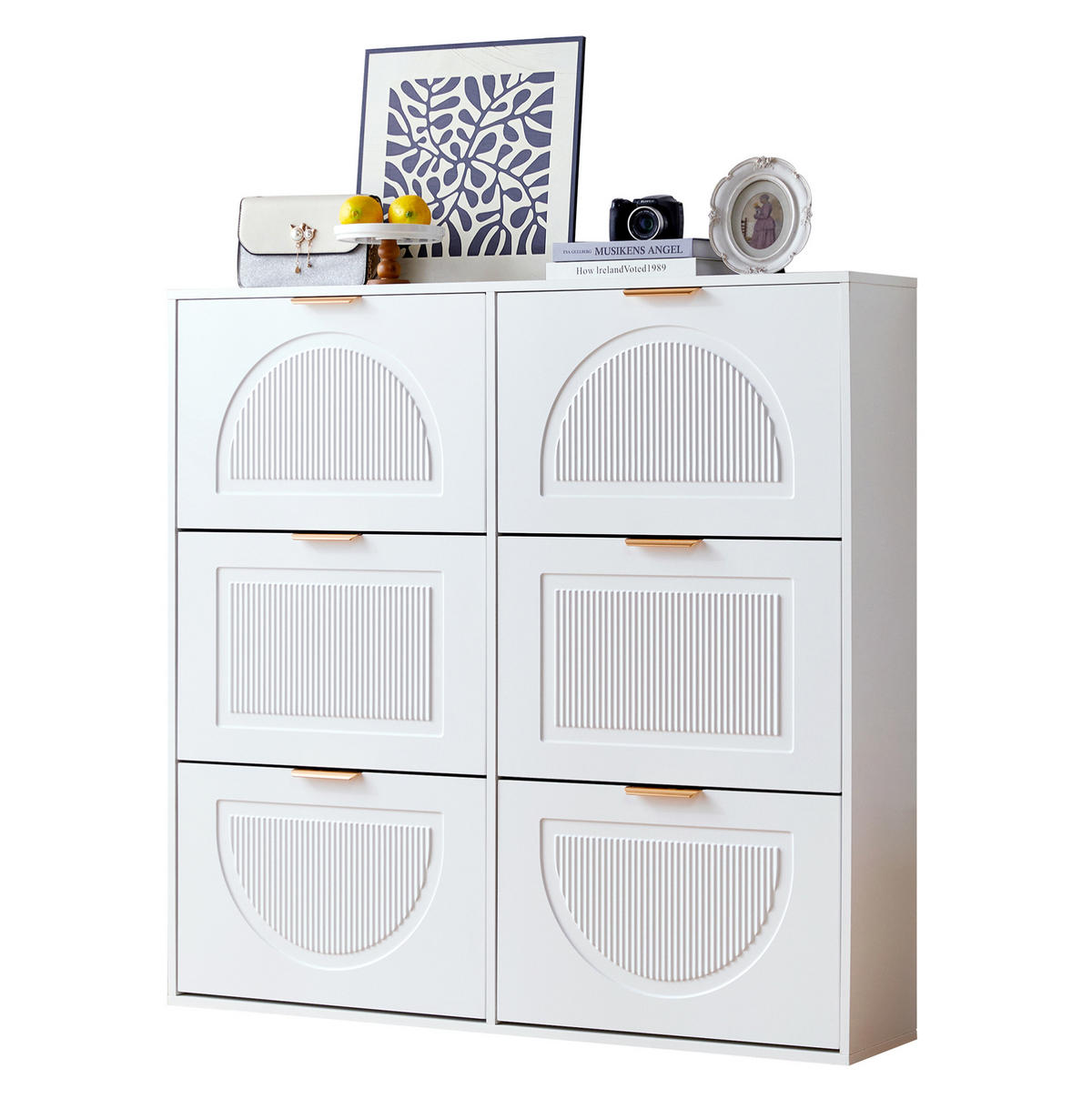 SKRINKA na topánky 118/25/115 cm biela z MDF a drevotriesky so 6 výklopnými priehradkami - biela, kompozitné drevo (118/115/25cm) - OKWISH
