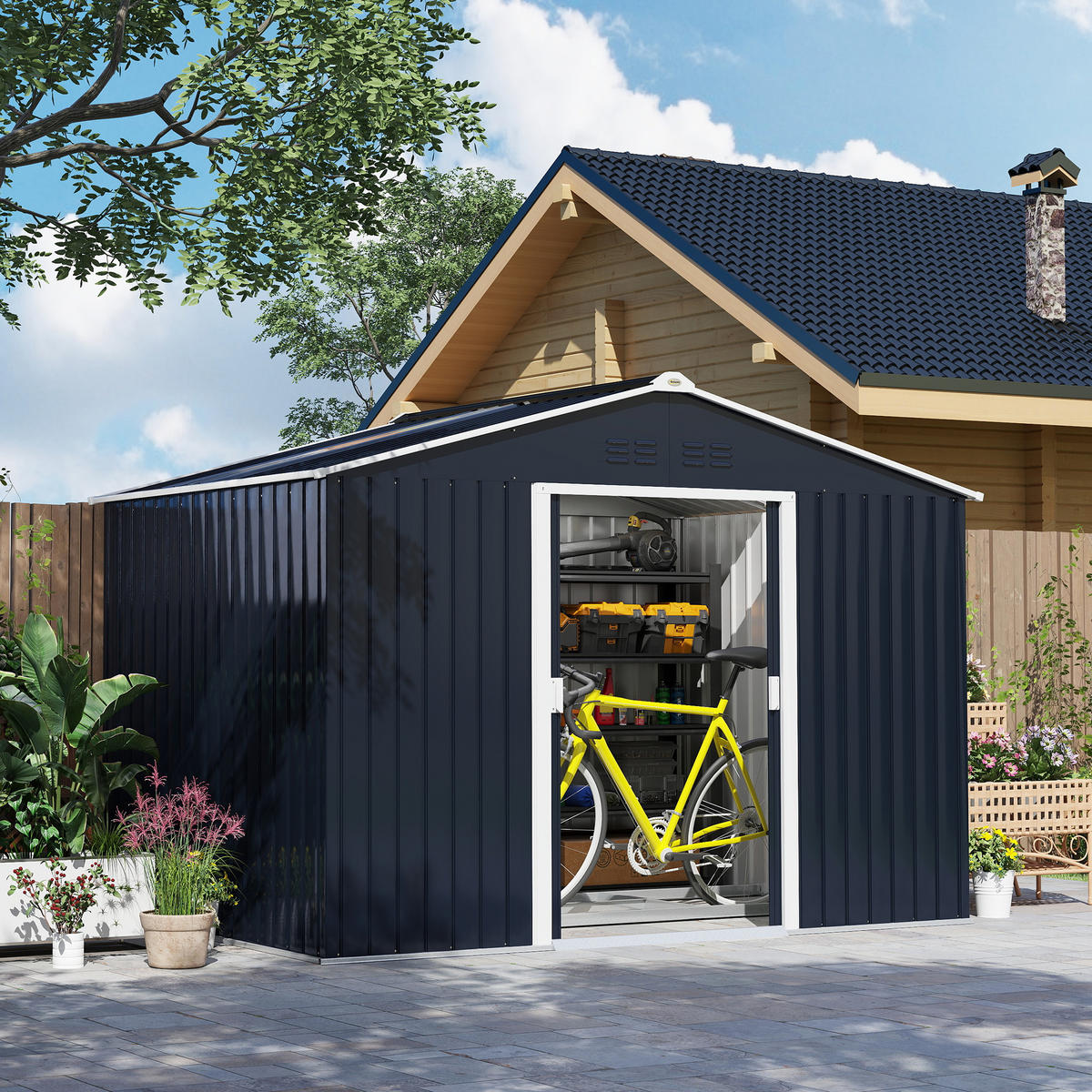 VERZINKTER Stahl Gerätehaus 4,9m² 277x195x192cm Geräteschuppen mit Satteldach - Dunkelgrau, Metall (195/192/277cm) - Outsunny