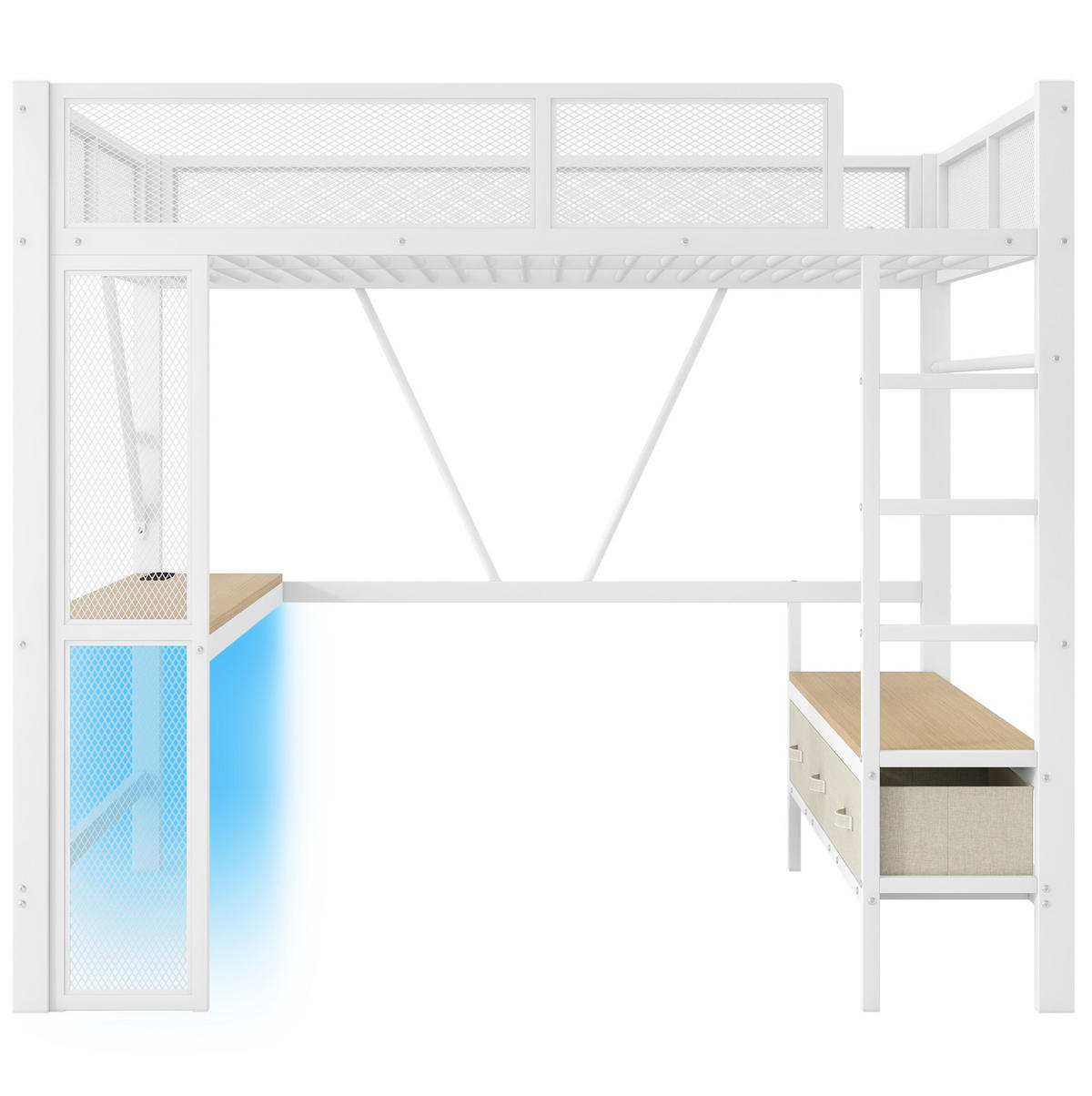 PATROVÁ postel 140/200 cm bílá z kovu a MDF s LED, USB a psacím stolem - bílá, kompozitní dřevo (140/200cm) - OKWISH
