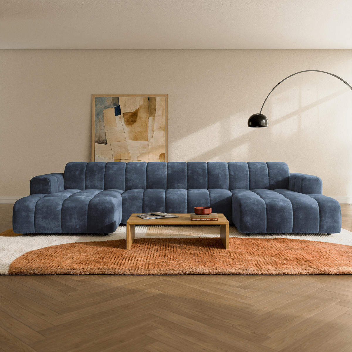 WOHNLANDSCHAFT AENIS Blau Chenille - Blau, Holz (398/85/165cm) - MASSENO