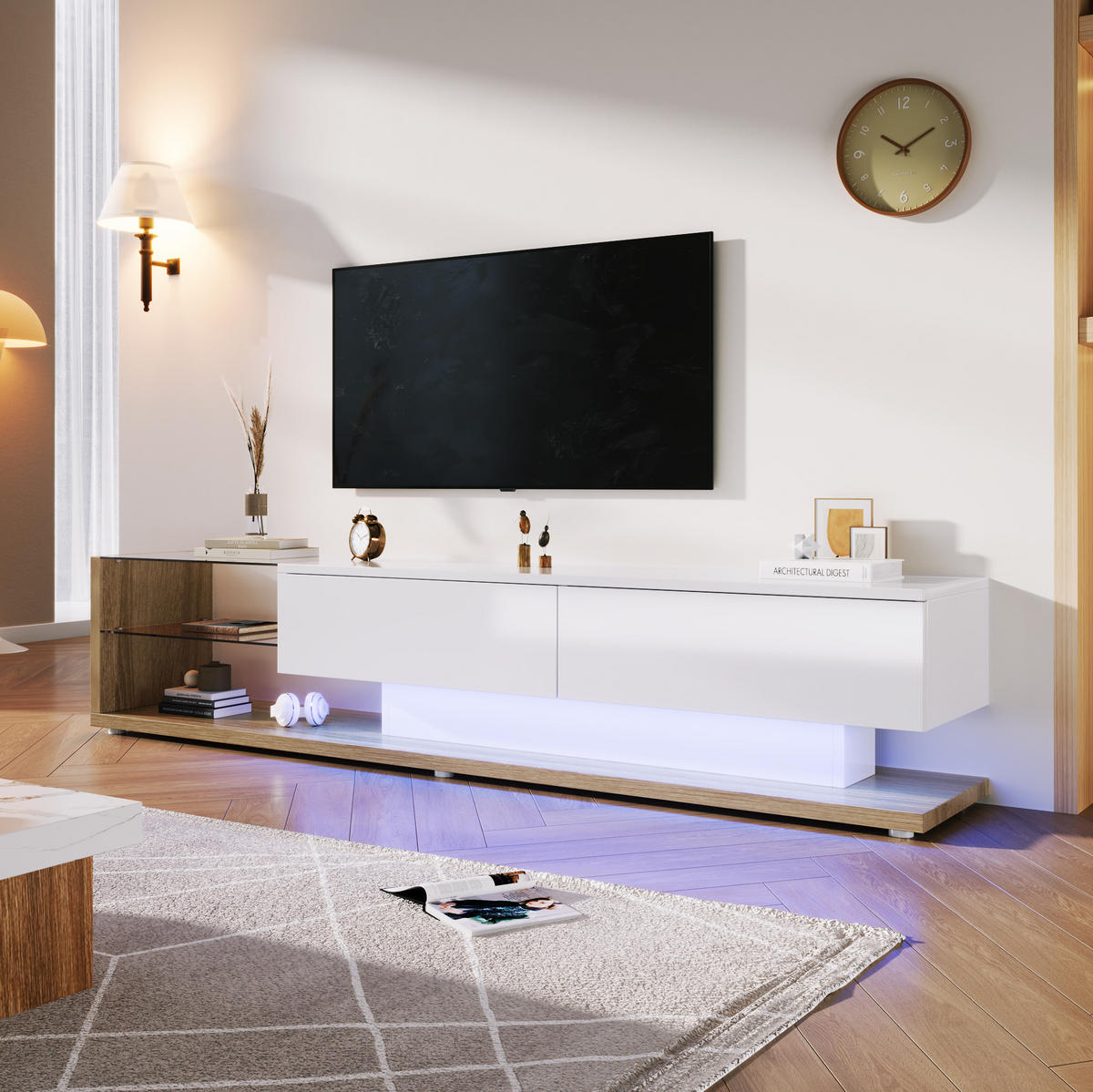 TV-LOWBOARD aus Spanplatte 170x36x38 cm Weiß Hochglanz mit LED-Beleuchtung, 2 Schubladen und Glasböden - Weiß, Holzwerkstoff (170/38/36cm) - Modfu