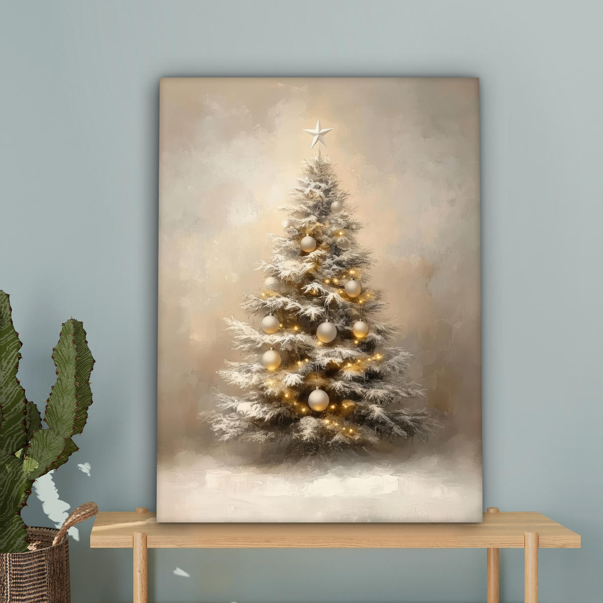 LEINWANDBILD Weihnachten - Weihnachtsbaum - Schnee - Kunst 60x80 cm - Champagner, Textil (60/80cm) - MuchoWow