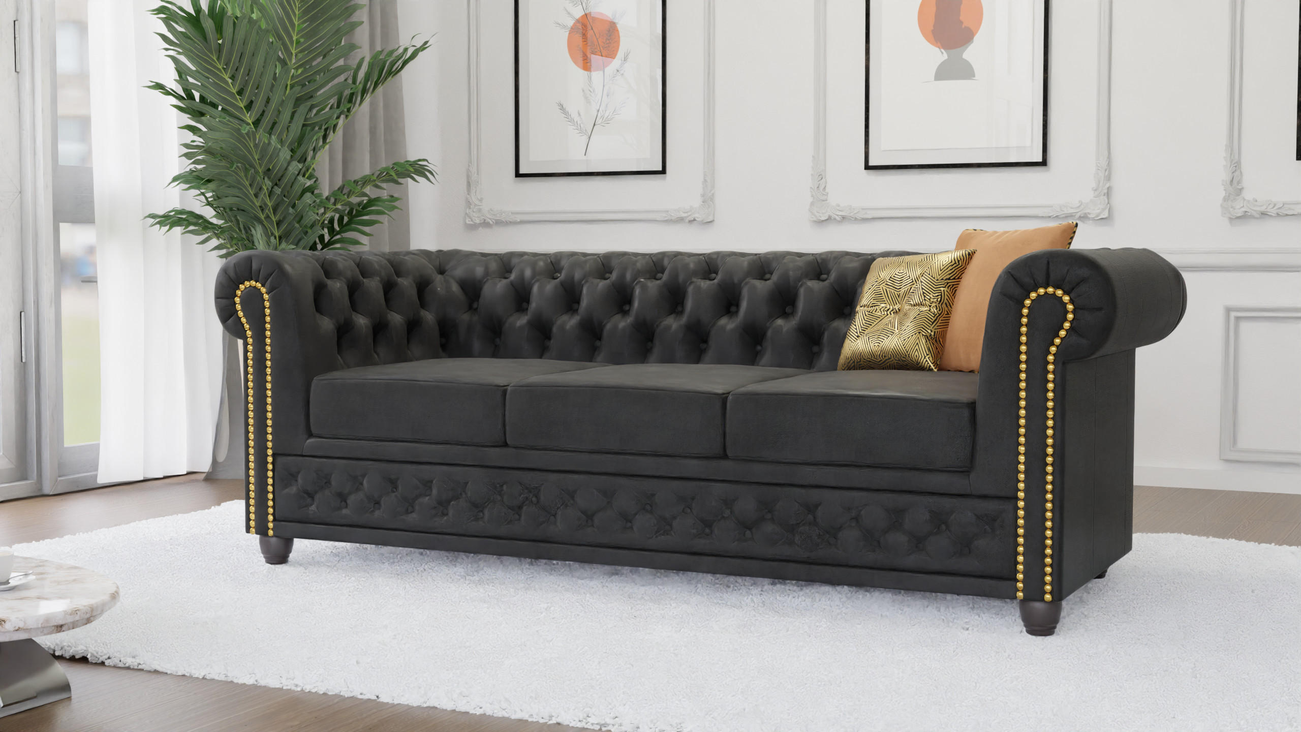 CHESTERFIELD-SOFA 3-sitzer Flux Anthrazit Microfaser Vintageoptik - Anthrazit/Braun, Holz/Textil (203/72/86cm) - S-Style Möbel