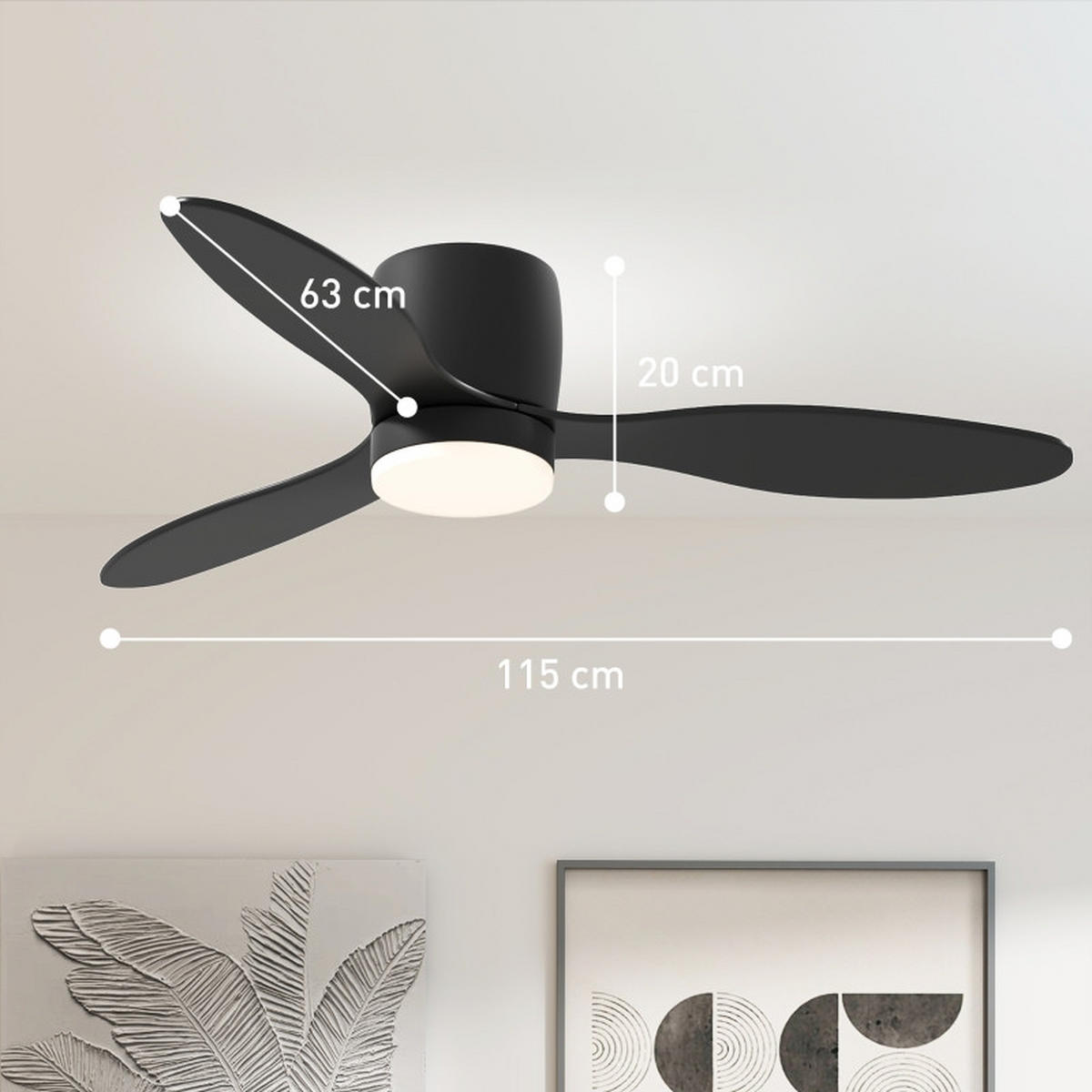 DECKENVENTILATOR 115cm LED Licht DC Motor 3 Flügel Timer - Schwarz, Kunststoff (115/115/20cm) - CASIVA