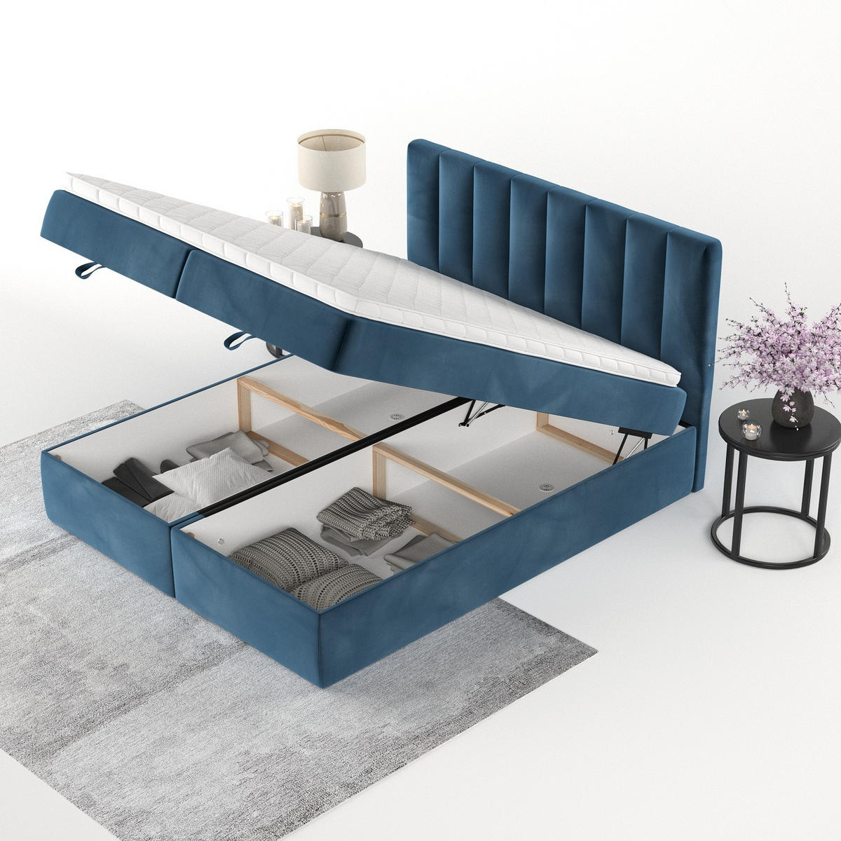 BOXBETT Lusso 140/200 cm Dunkelblau im Kronos Stoff - Schwarz/Dunkelblau, Holz/Holzwerkstoff (140/200cm) - AltaBeds