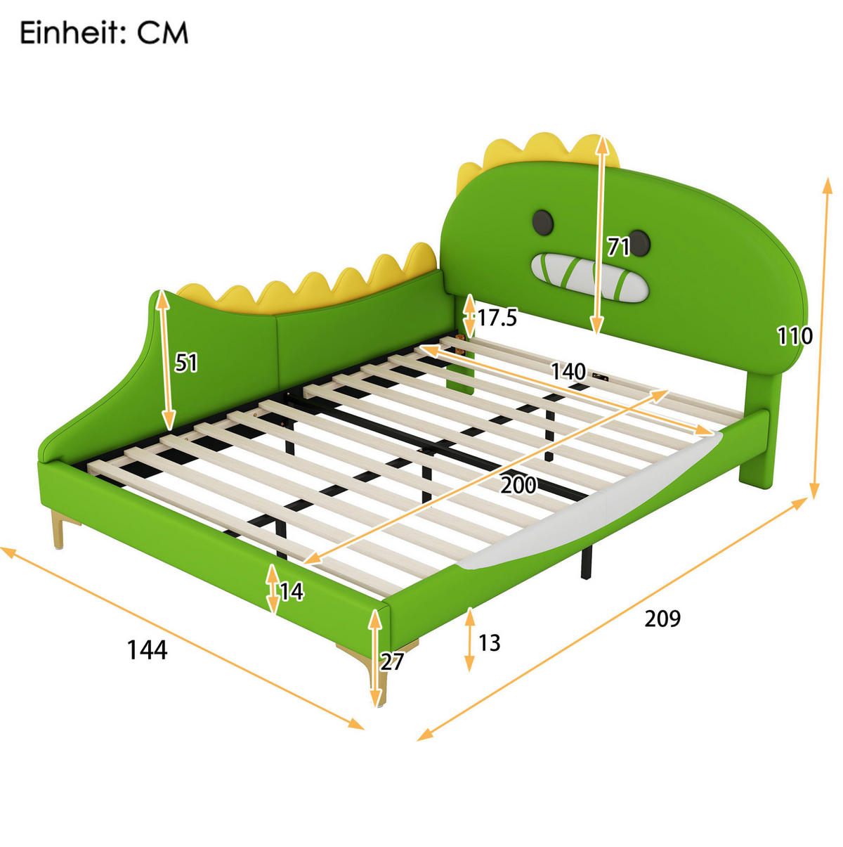 KINDERBETT 140/200 cm in Dinosaurierform mit gepolstertem Kopfteil aus PU, Grün - Grün, Leder (140/200cm) - Redom
