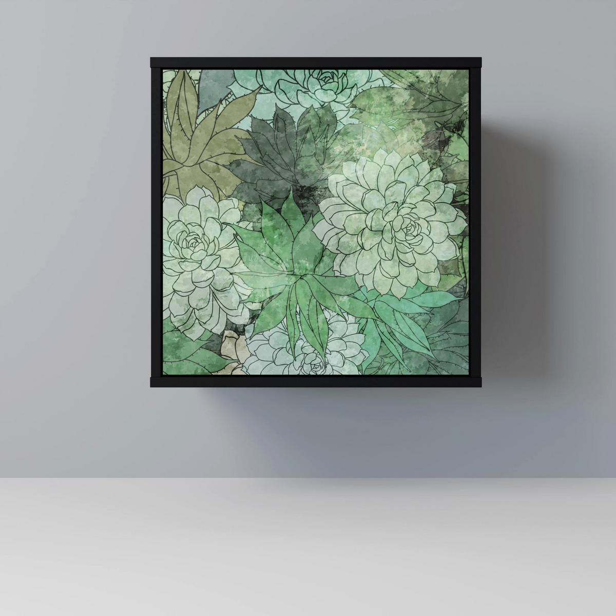 SIDEBOARD SUCCULENT CLUSTER, Schwarz, 57,5x42x75,5 cm, Goldfarbene Metallfüße - Goldfarben/Multicolor, Holzwerkstoff/Metall (57.5/75.5/42cm) - SpaceRebels
