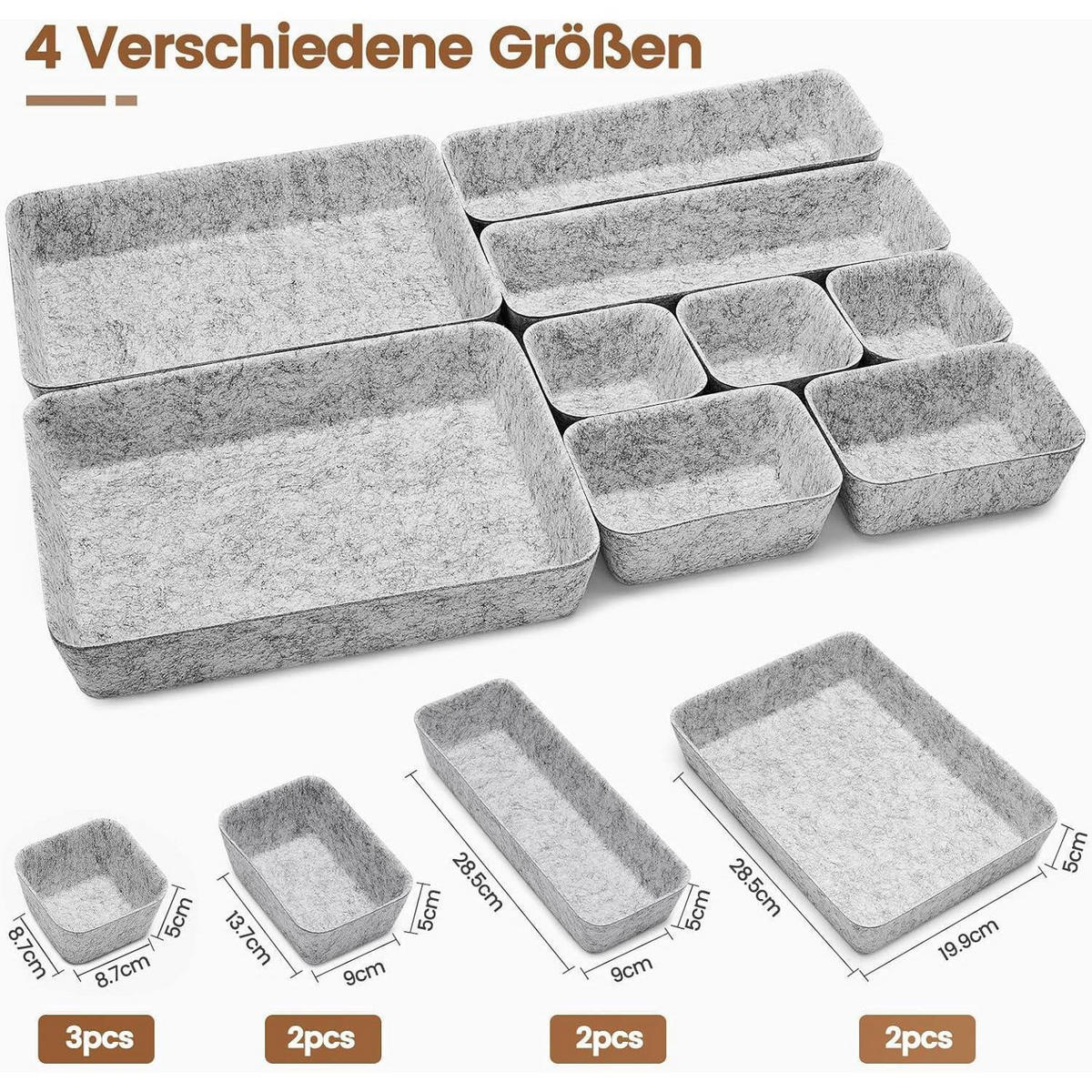 SCHUBLADEN Organizer 9-teiliges Set Filz Hellgrau - Grau, Textil (20/7/28cm)