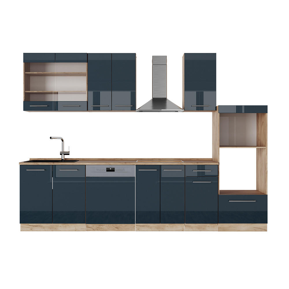 KÜCHENZEILE Fame-Line Dunkelblau Hochglanz/Goldkraft Eiche 300 cm ohne AP - Eiche Wotan/Dunkelblau, Holzwerkstoff (300/81.6/46cm) - Vicco
