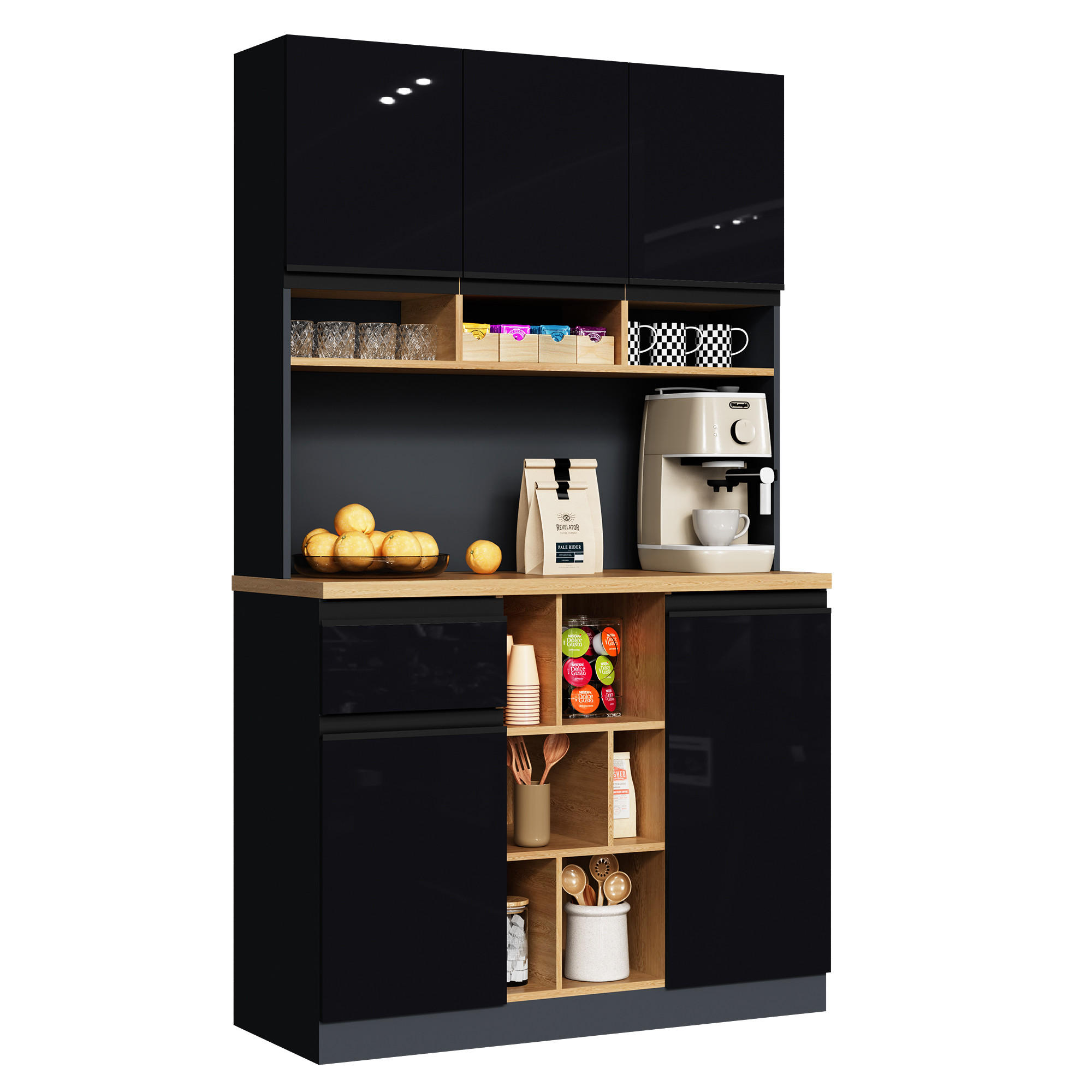 BUFFET aus MDF 105x45x185 cm Anthrazit/Schwarz/Natur mit verstellbaren Einlegeböden, Schublade und Kippschutz - Schwarz, Holzwerkstoff (105/185/45cm) - Modfu