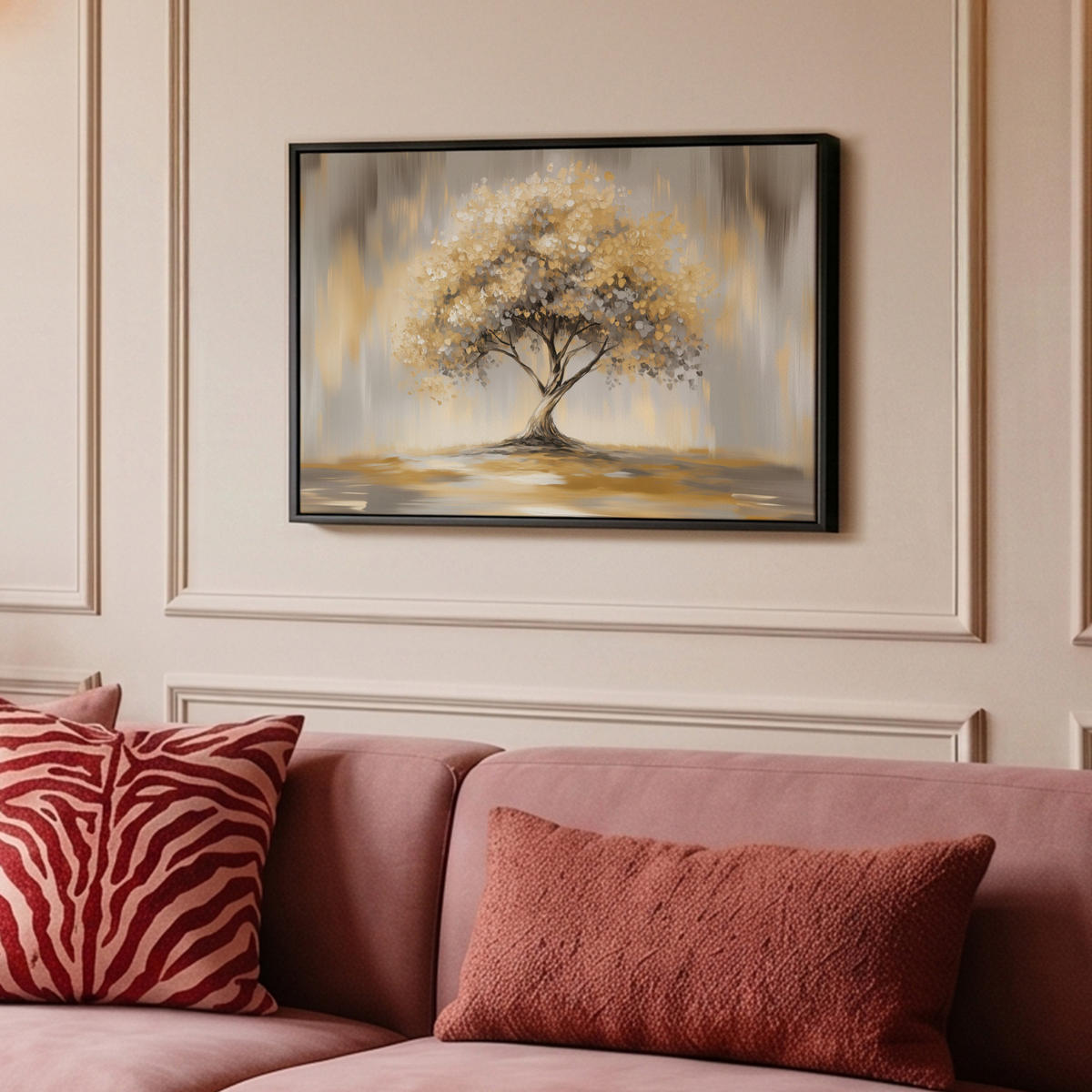 LEINWAND Bilder mit Rahmen - Gemälde - Baum - Abstrakt - Blätter - 60x40 - Beige, Textil (60/40cm) - MuchoWow