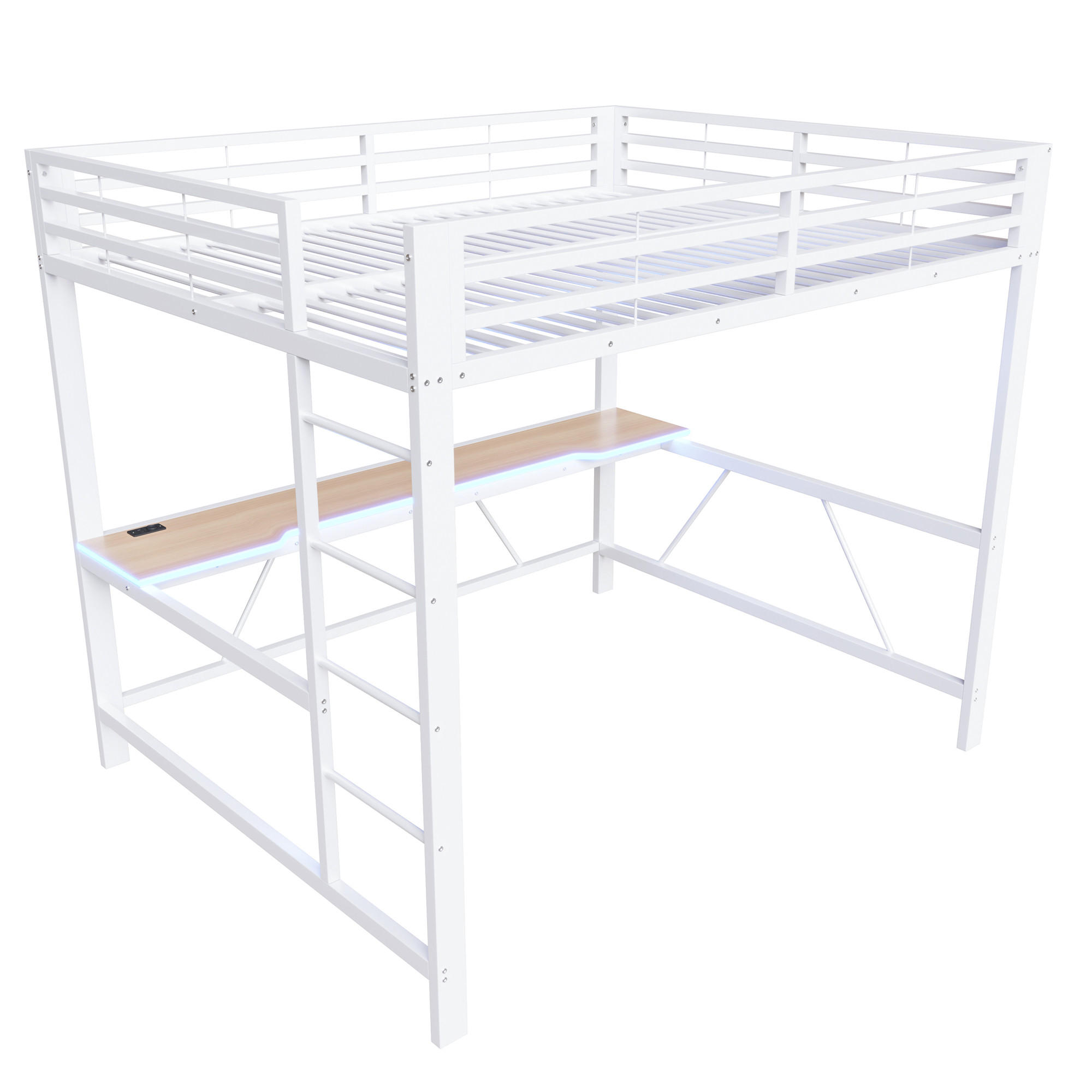 HOCHBETT 160/200 cm DE-03444, mit LED-Beleuchtung, USB-Ladestation und Schreibtisch, in Weiß - Weiß, Holzwerkstoff/Metall (160/200cm) - ComfortXL