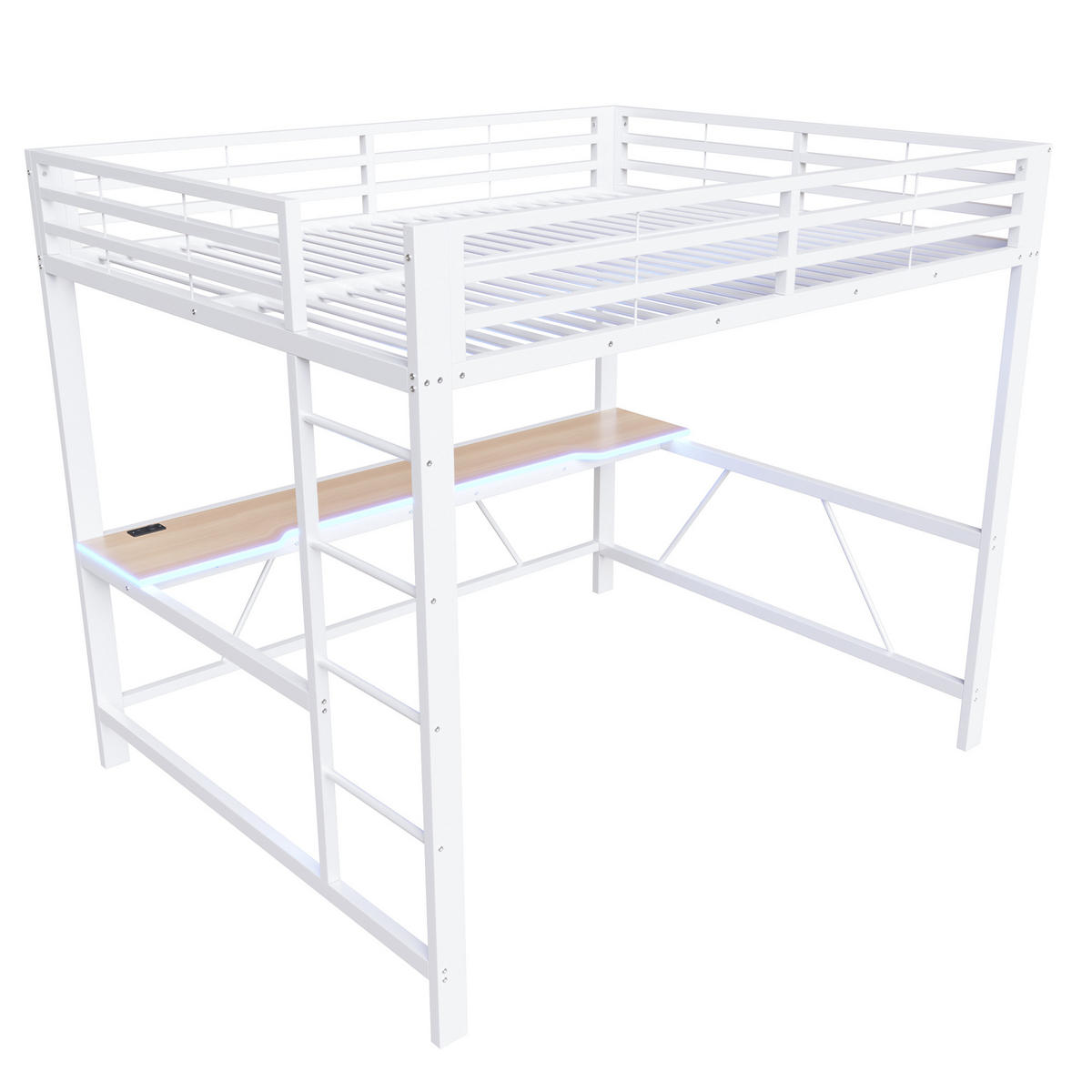 HOCHBETT 160/200 cm in Weiß mit Schreibtisch, LED und USB - Weiß, Holzwerkstoff/Metall (160/200cm) - WISHDOR