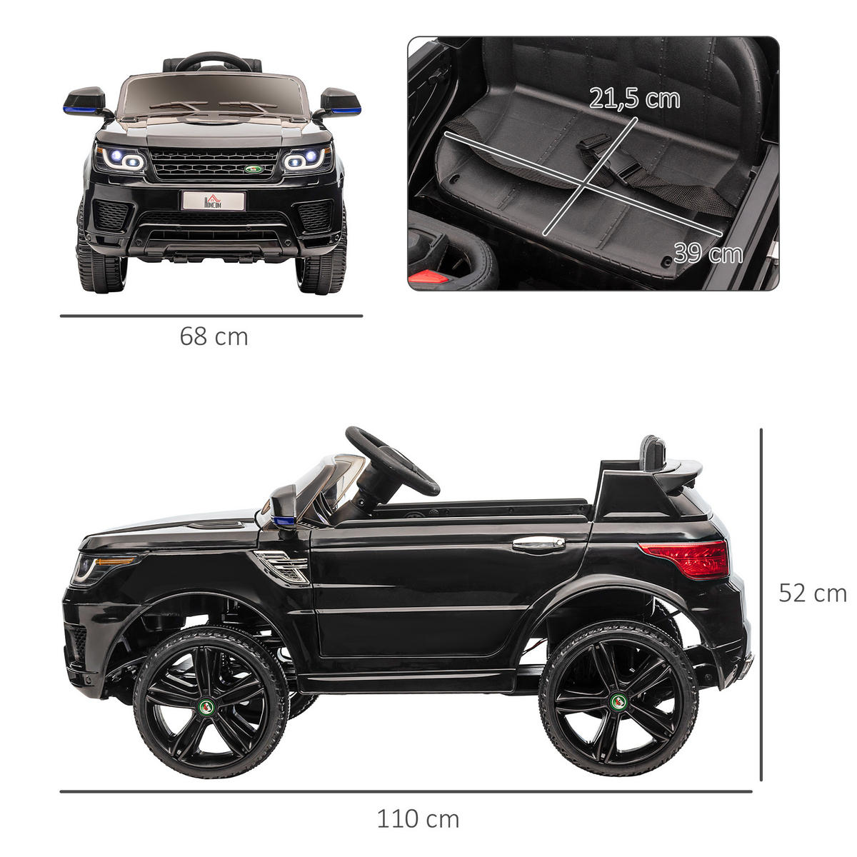 KINDER ELEKTROAUTO, Schwarz, Kunststoff+ Eisen - Schwarz, Metall (110/68/52cm) - HOMCOM