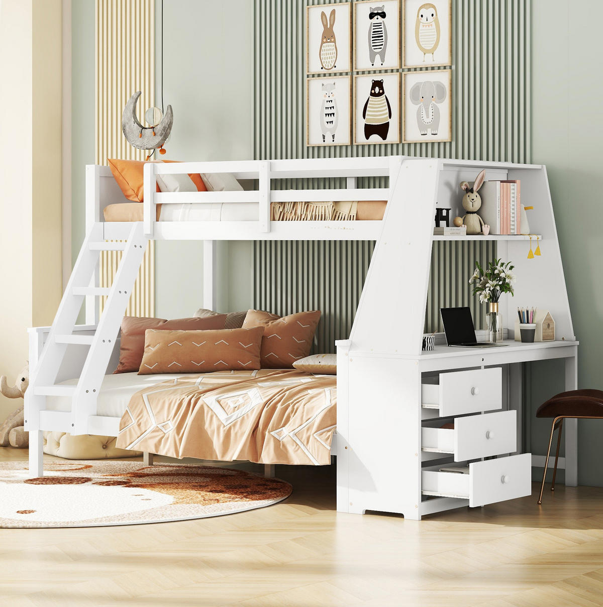 ETAGENBETT 90/200 + 140/200 cm Weiß mit Schreibtisch, Regal und Stauraum - Weiß, Holz (90/200cm) - Flora Grace