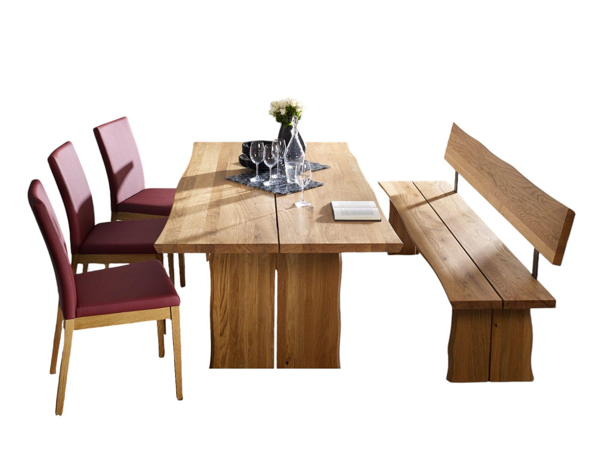 TISCHGRUPPE Daliah mit 3 Stühlen und Bank Massivholz Wildeiche/Weinrot - Wildeiche/Rot, Holz (211/1/200cm) - 58aufmkessel