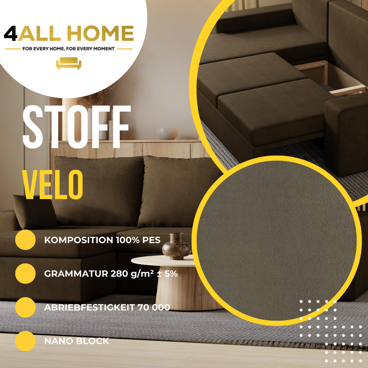 ECKSOFA Paco mit Bettkasten und Schlaffunktion, L-Form/XL-Form, Velourstoff, Universal - Braun, Holzwerkstoff (246/145cm) - 4ALL HOME