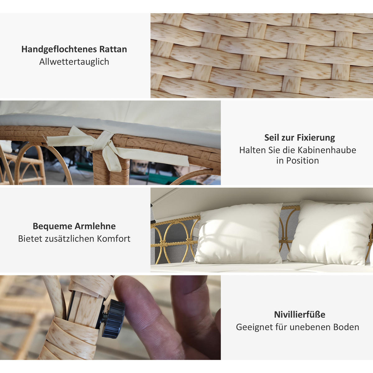 GARTENLOUNGE 178/85/66,5 cm cremeweiß aus Rattan mit Sonnendach - Weiß, Naturmaterialien - OKWISH