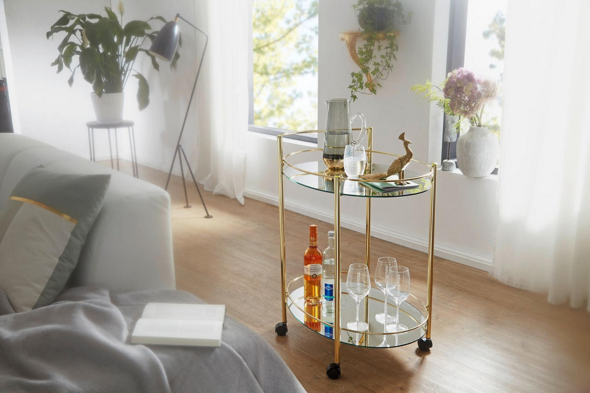 SERVIERWAGEN – Gold, 2 Glasplatten, auf Rollen - Goldfarben, Glas/Metall (67/79/46cm) - KADIMA DESIGN