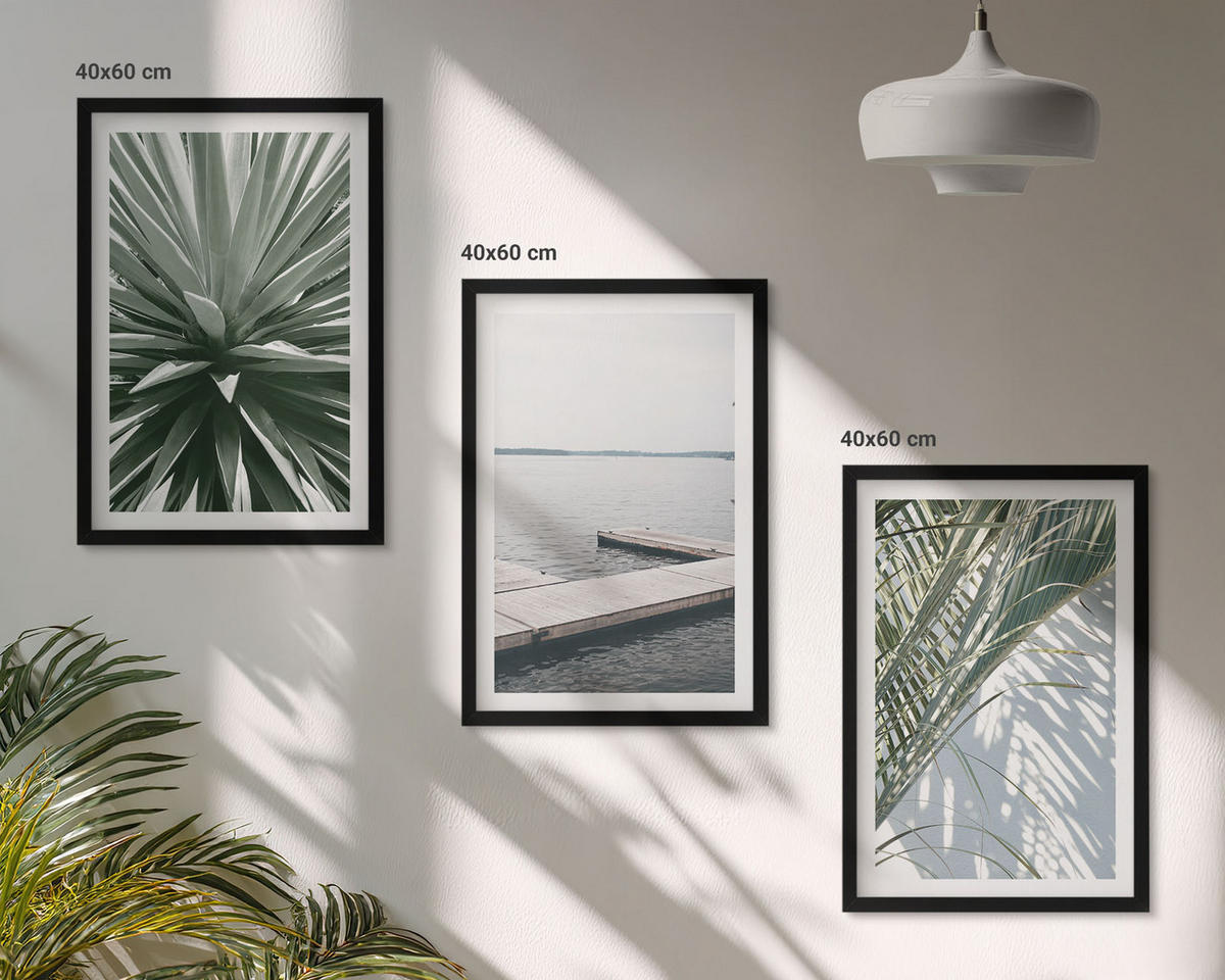 WANDBILDER 3er-Set - 40x60 cm Schwarzer Rahmen - Palmenblätter-Holzbrücke - Schwarz, Kunststoff (40/60cm) - ArtPrintCave