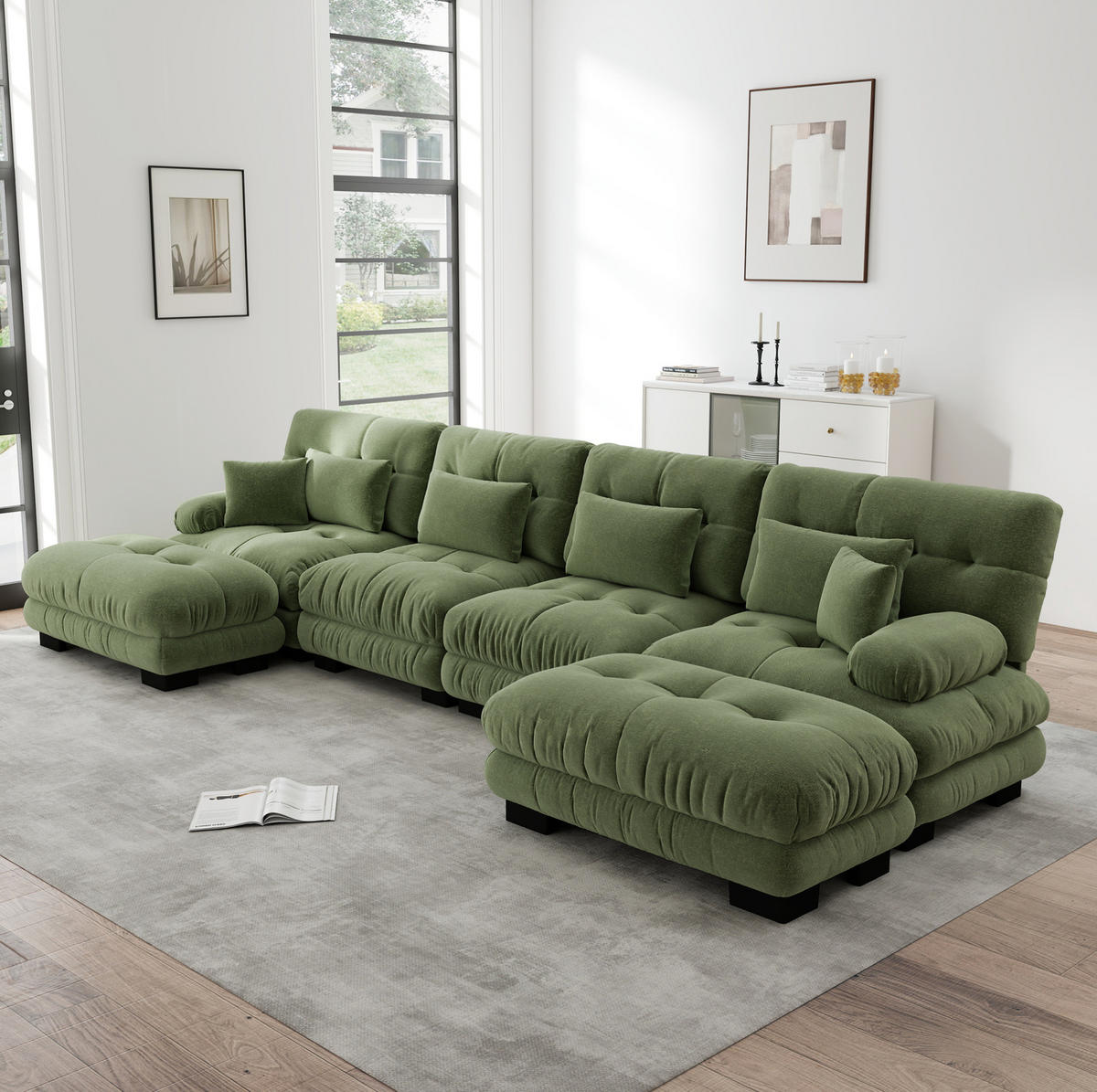 ECKSOFA 406/145/81 cm grün aus Chenille mit beweglichen Ottomanelementen - Grün, Textil (145/406cm) - OKWISH