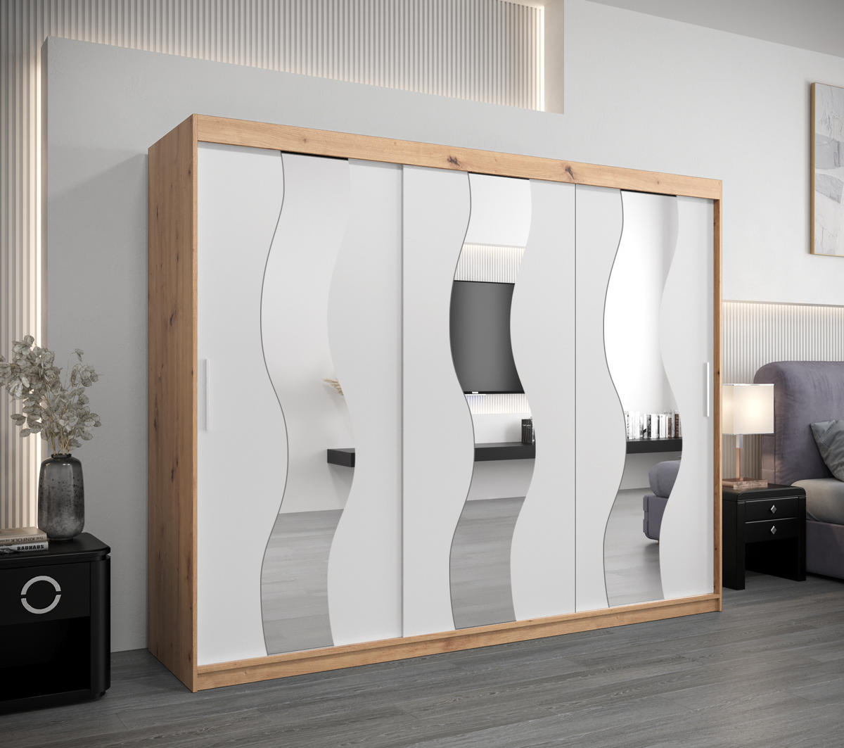 SCHWEBETÜRENSCHRANK 200/250/62 2-türig - Silberfarben/Weiß, Holz/Kunststoff (250/200/62cm) - Abiks Möbel