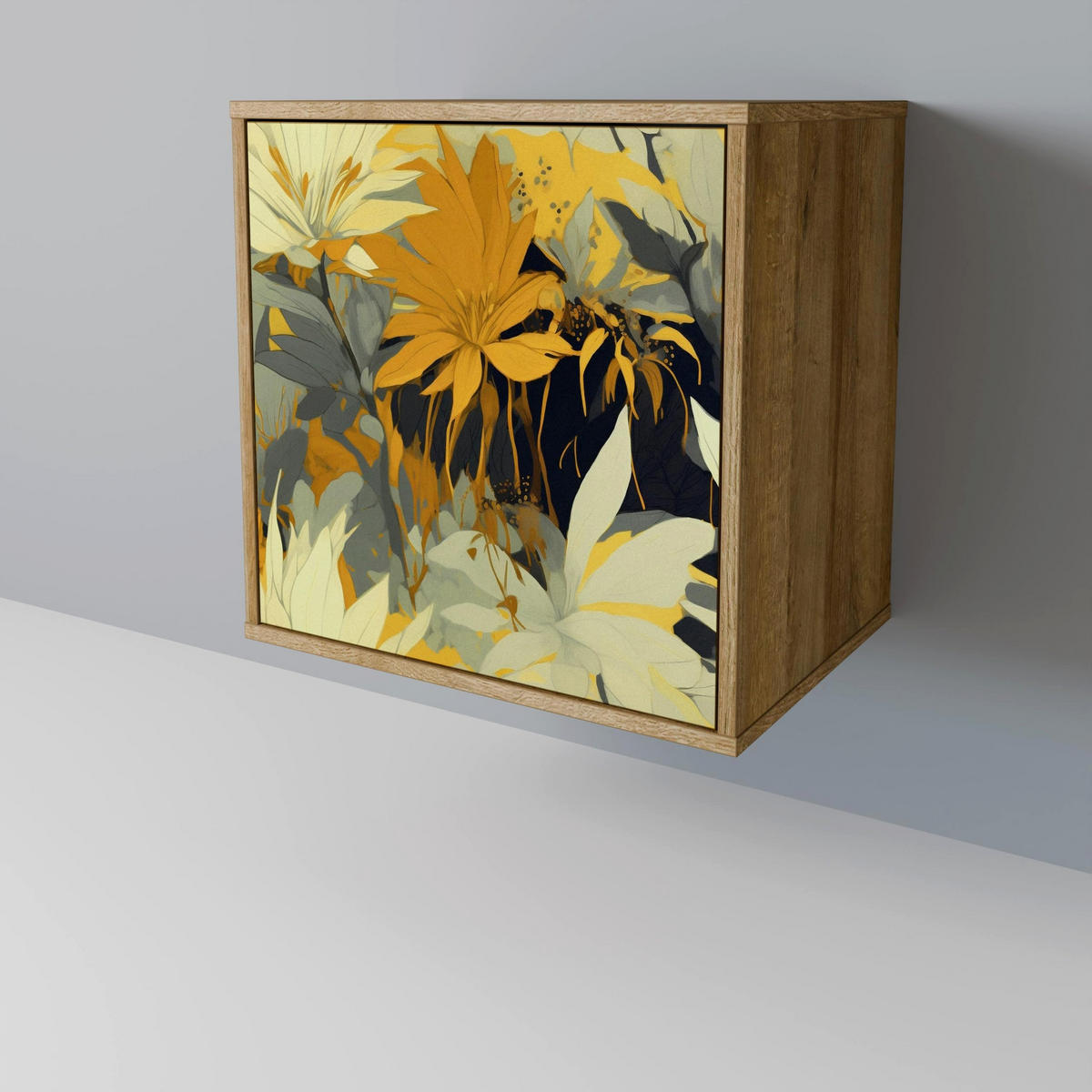 SIDEBOARD SUNKISSED LILY, Eichefarben, 57,5x42x70,5 cm, Schwarze Metall-Sternfüße - Eichefarben/Multicolor, Holzwerkstoff/Metall (57.5/70.5/42cm) - SpaceRebels
