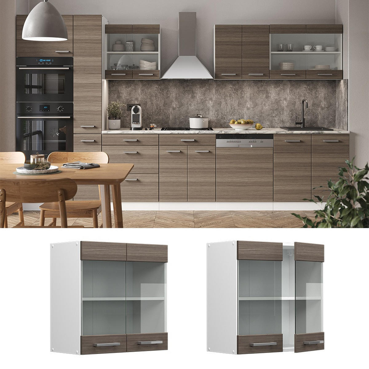 STEKLENA KUHINJSKA OMARICA R-Line Žlahtna siva 60 cm - siva/bela, leseni material (60/60/31cm) - Vicco