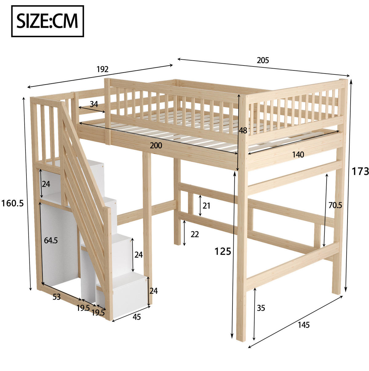 HOCHBETT 140/200 cm Naturfarben aus Kiefernholz mit Stauraumtreppe - Naturfarben, Holz (140/200cm) - OKMYHOME