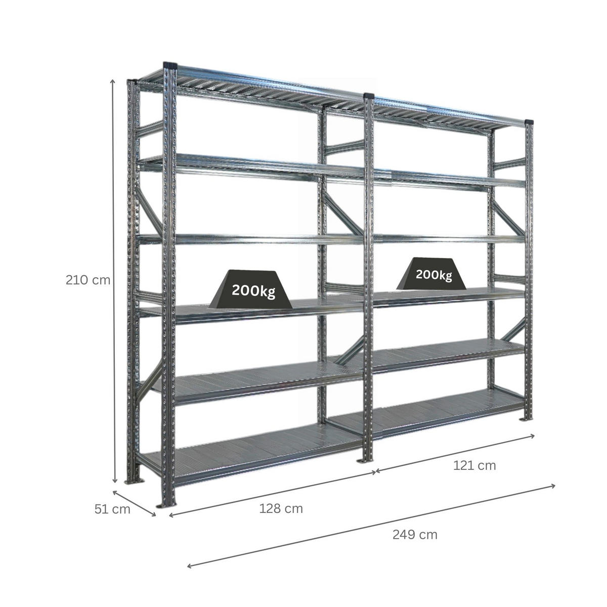 FACHBODENREGAL Proximo Stecksystem 210x240x50cm 6 Ebenen Beidseitig nutzbar Verzinkt - Silberfarben, Metall (240/210/50cm) - PROREGAL