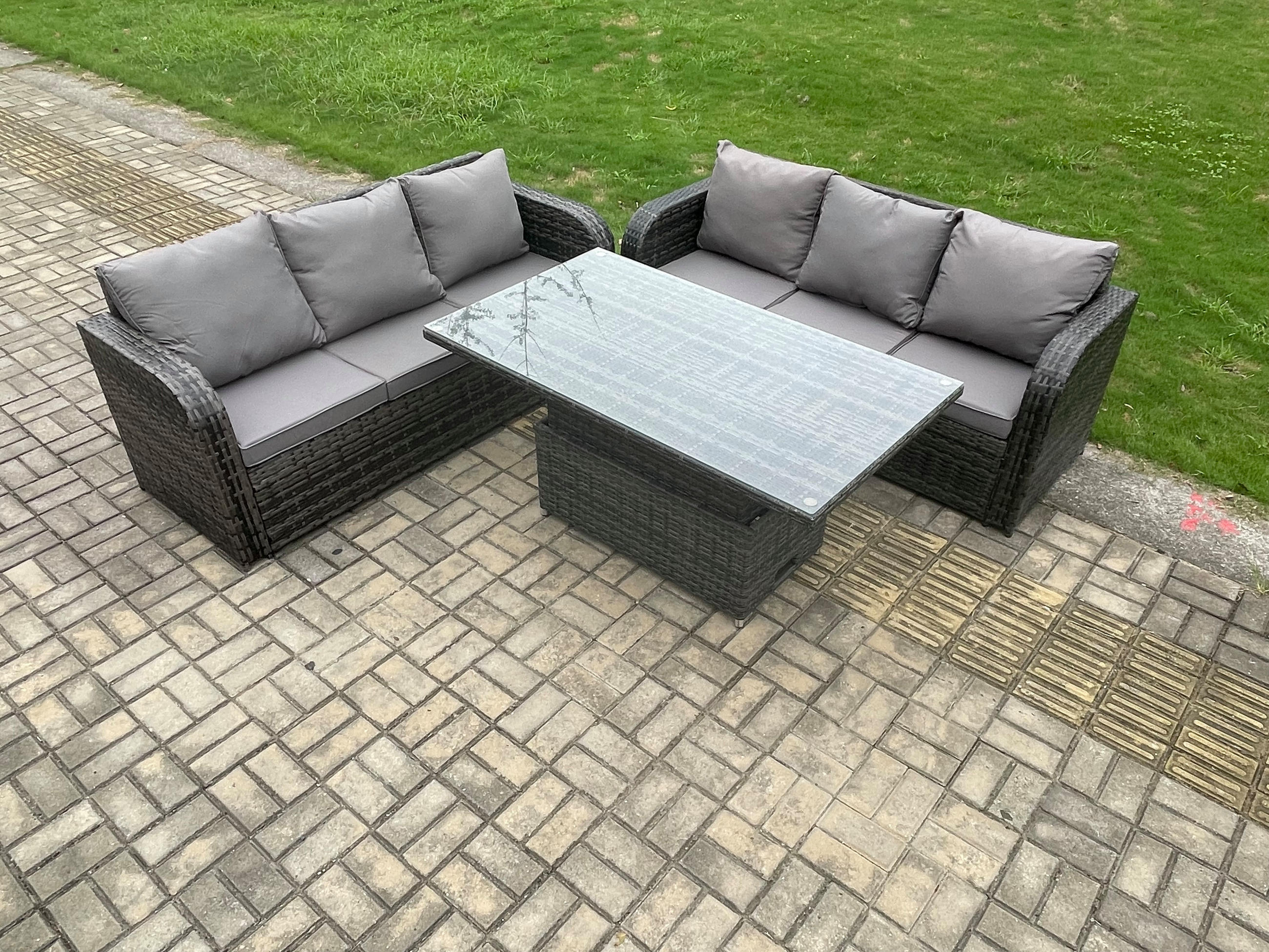 GARTENSOFA-SET MIT HÖHENVERSTELLBARER ESSTISCH Polyrattan 6-Sitzer - Dunkelgrau/Grau, Glas/Kunststoff - Fimous
